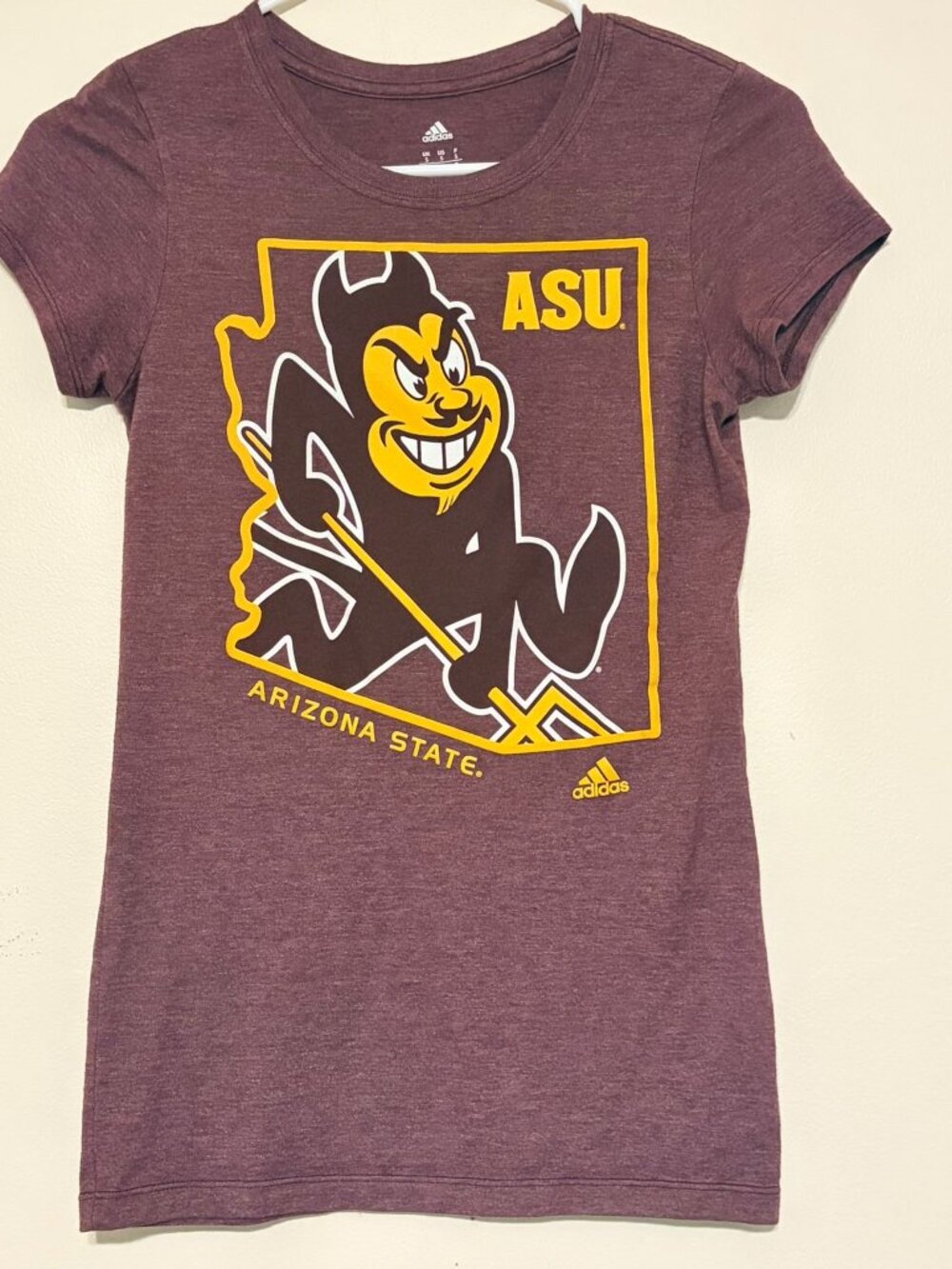 Women's ASU Arizona State Sun Devils Adidas Maroon State Outline Tee Size Small